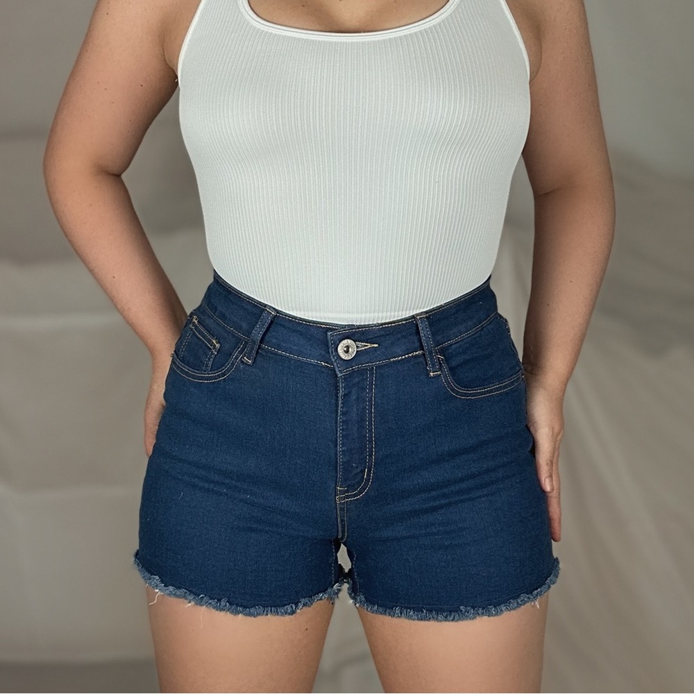 High-Waisted Dark Wash Denim Shorts | Frayed Hem Stretch Jean Shorts